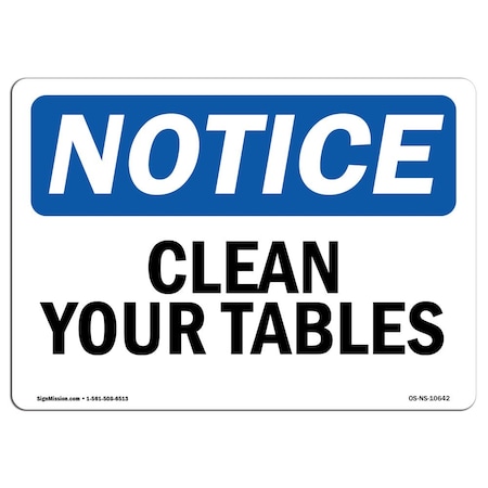 Signmission OSHA Notice, 3.5" Height, Clean Your Tables Sign, 5" X 3.5", Landscape OS-NS-D-35-L-10642